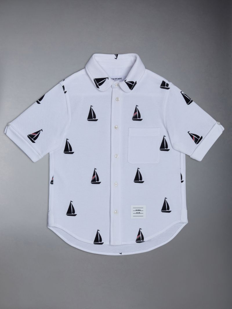 Pique Sailboat Short Sleeve Round Collar Shirt | Thom Browne