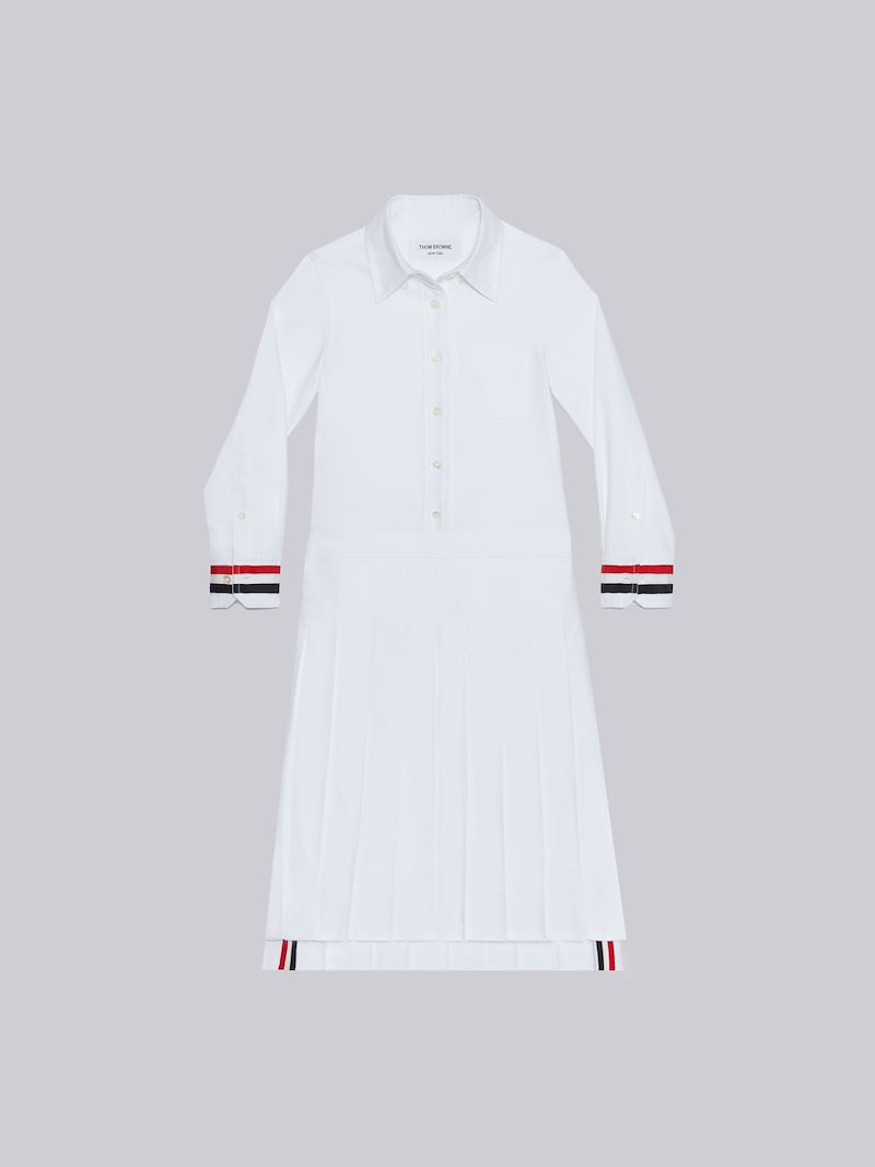 White Oxford Stripe Cuff Pleated Bottom Shirtdress