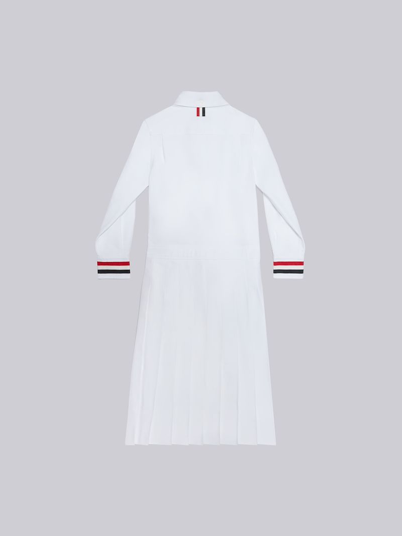White Oxford Stripe Cuff Pleated Bottom Shirtdress