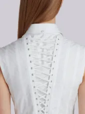 Lace-up Back Sleeveless Button Down Point Collar Shirtdress In Oxford