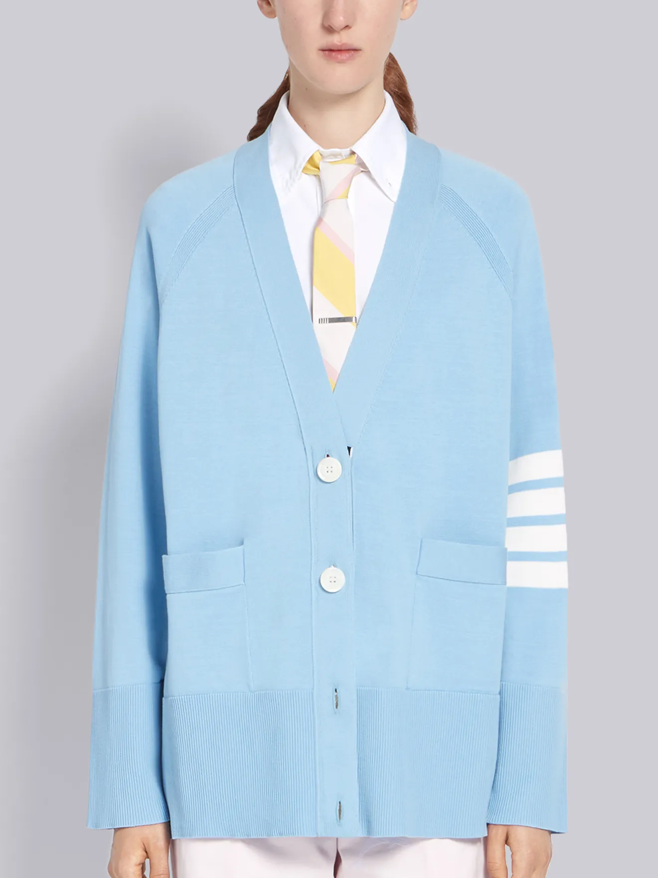 Light Blue Cotton Exaggerated Sleeve V Neck 4 Bar Cardigan Thom Browne