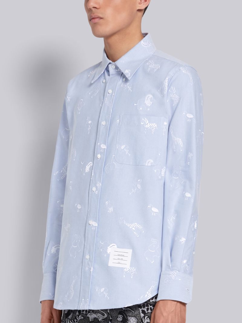 Light Blue Cotton Oxford Multi-icon Embroidered Long Sleeve Shirt