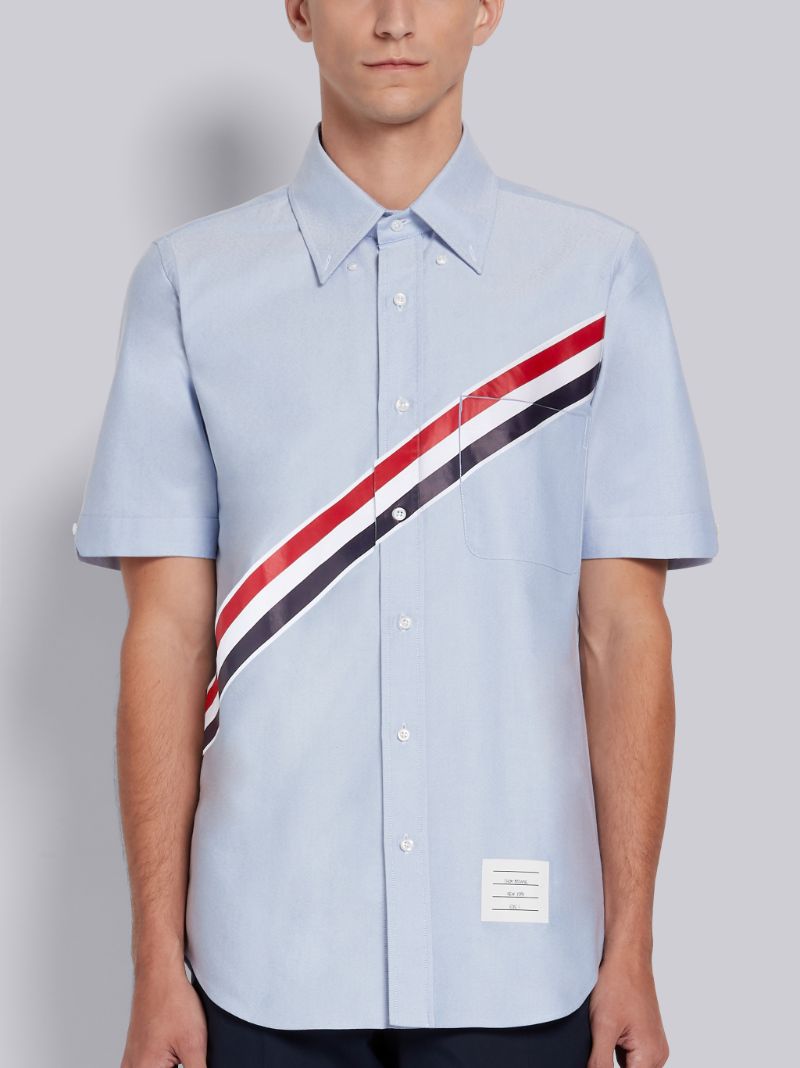 Light Blue Cotton Oxford Printed Diagonal Stripe Straight Fit Short Sleeve Shirt