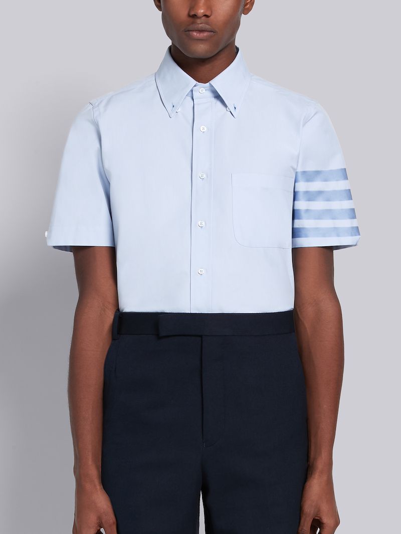 Light Blue Cotton Poplin Short Sleeve Satin Weave 4-Bar Shirt