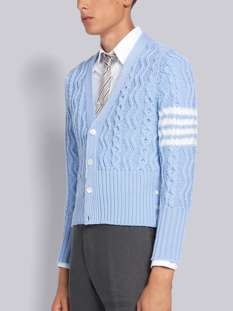 Light Blue Fine Merino Wool Aran Cable 4-Bar Classic V-neck Cardigan