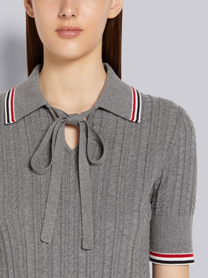 Light Grey Cable Texture Overtwisted Cotton Stripe Framing Keyhole Polo