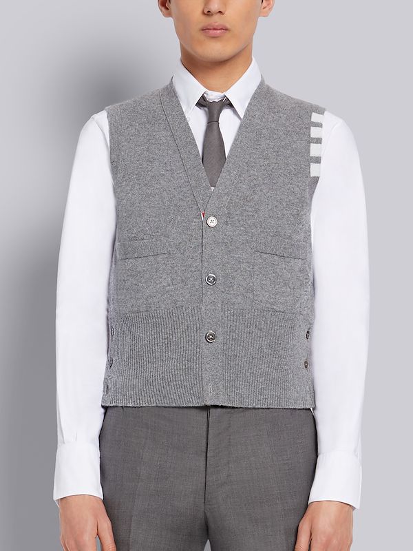 LIGHT GREY CASHMERE 4-BAR CLASSIC V-NECK CARDIGAN VEST