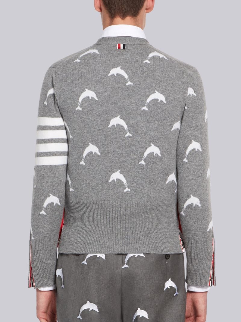 Light Grey Cashmere Dolphin Intarsia V-Neck 4-Bar Cardigan