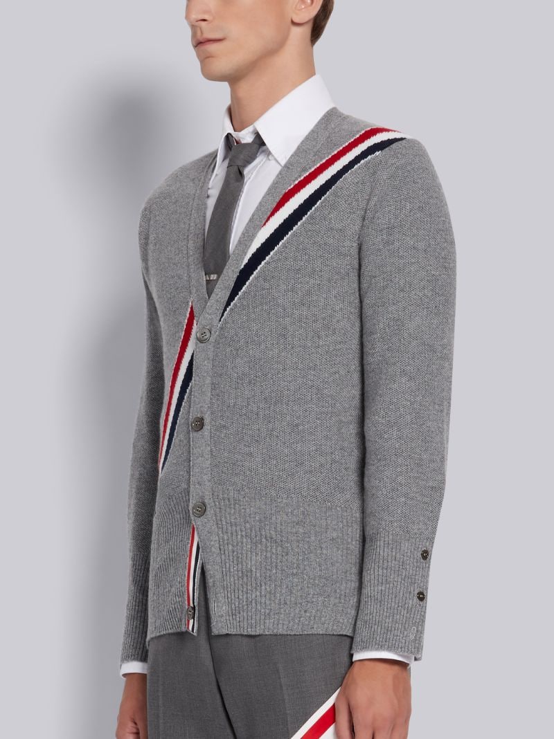 Light Grey Cashmere Pique Diagonal Intarsia Stripe Classic V-Neck Cardigan