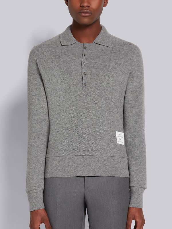 Light Grey Cashmere Pique Rib Cuff Long Sleeve Polo