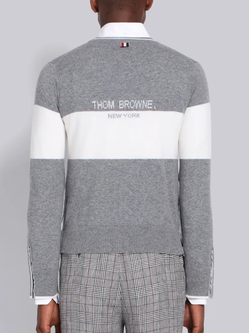 Light Grey Cashmere Striped Baseball Icon Crewneck Pullover