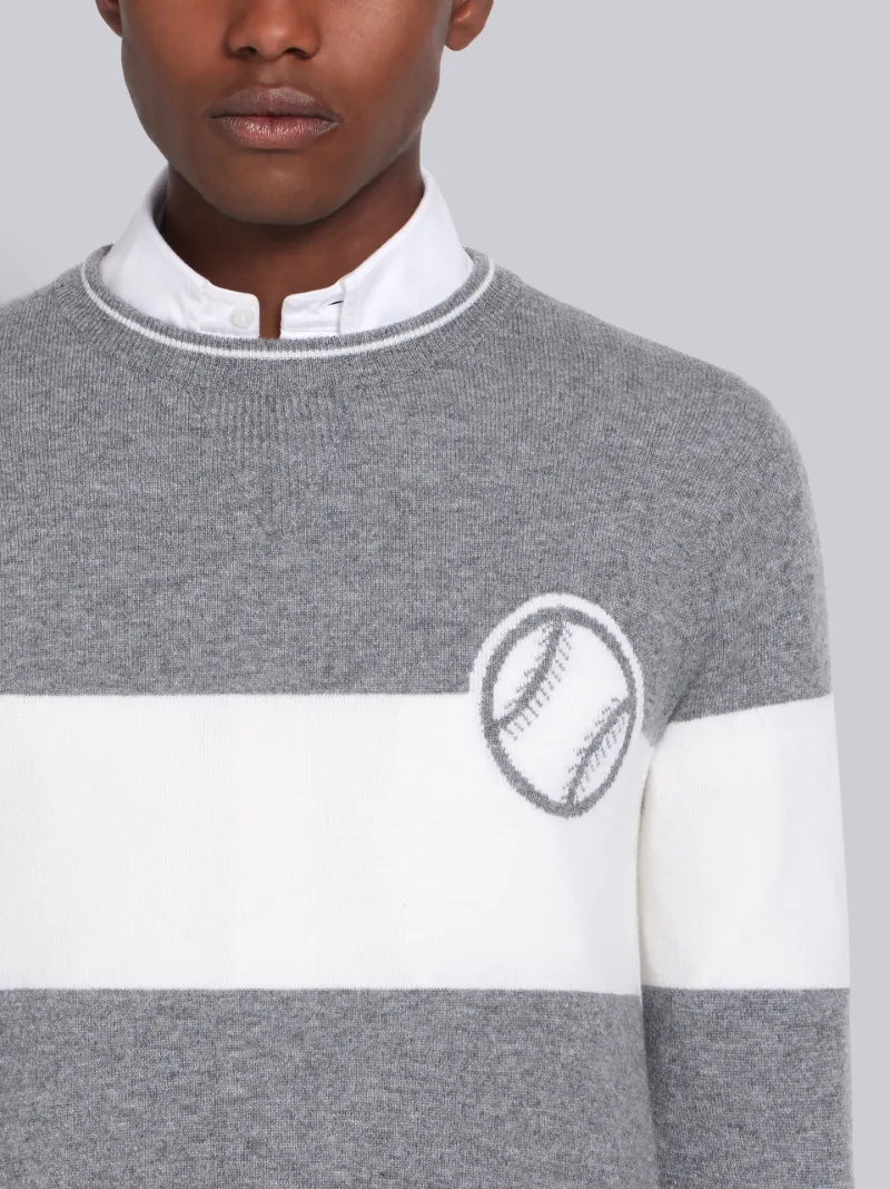 Light Grey Cashmere Striped Baseball Icon Crewneck Pullover