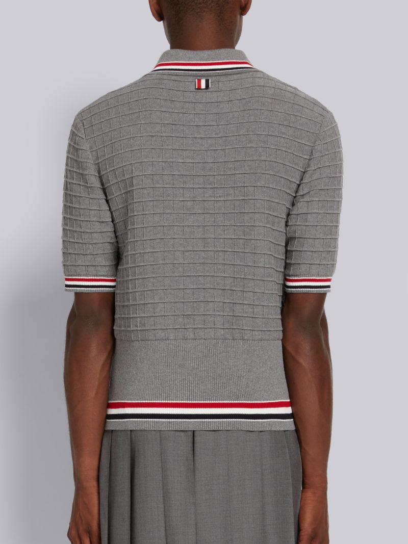 Light Grey Cotton Grid Effect Stripe Trim Short Sleeve Polo