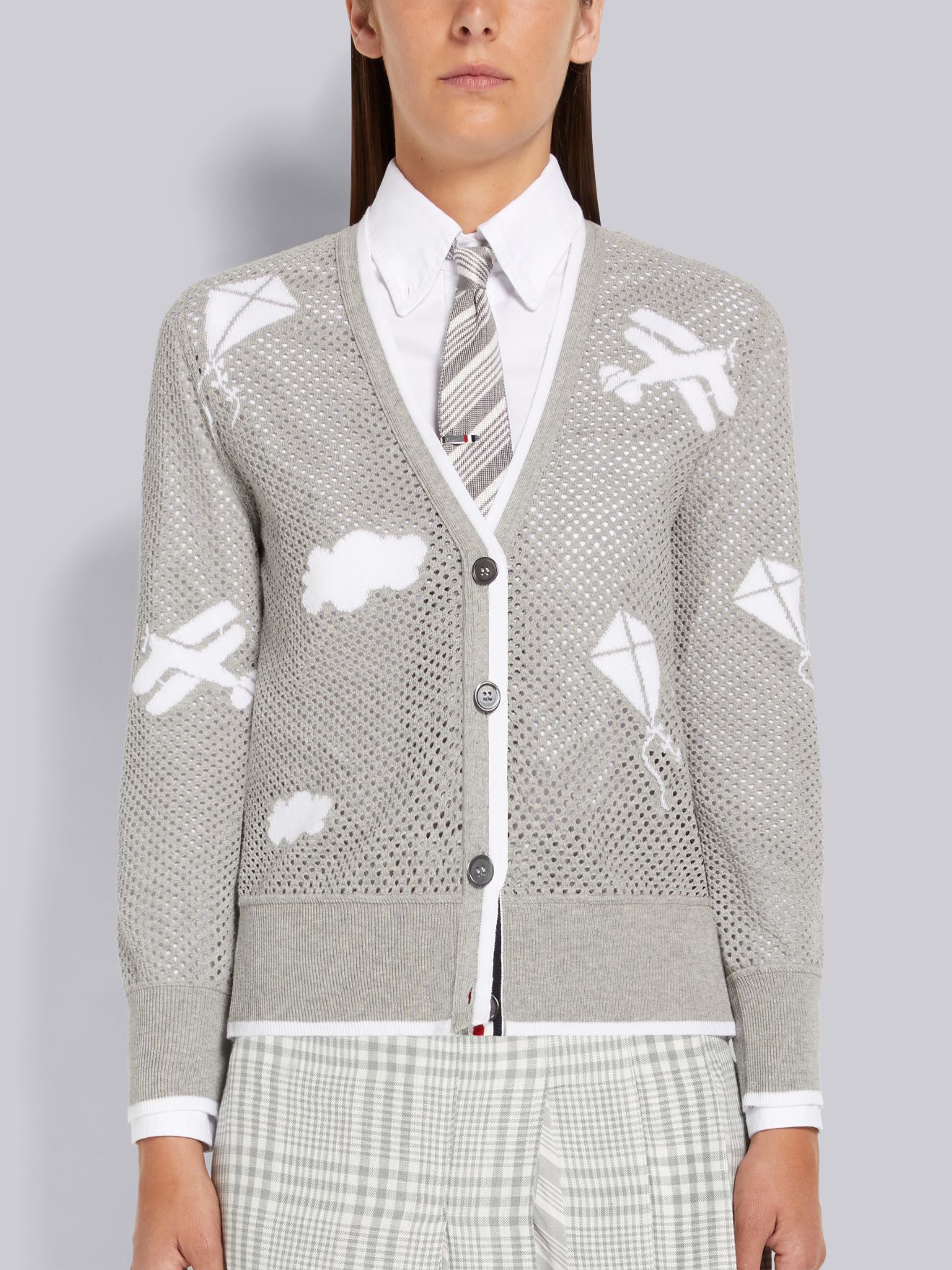 Light Grey Cotton Mesh Sky Icon Half Drop Intarsia V-Neck Cardigan