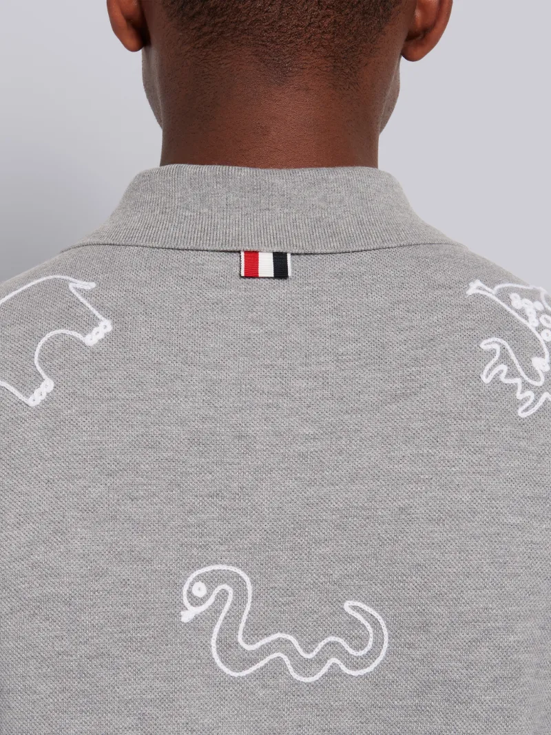 Light Grey Cotton Pique Multi-Animal Icon V-Neck 4-Bar Polo