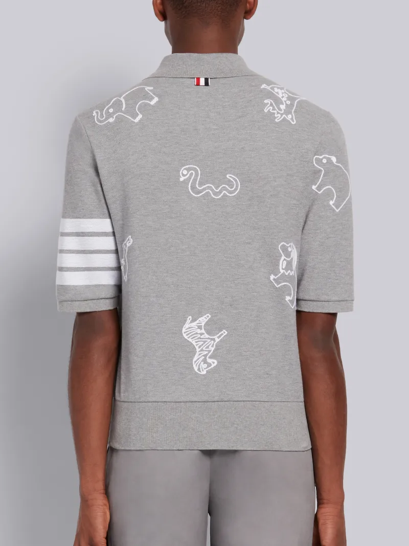 Light Grey Cotton Pique Multi-Animal Icon V-Neck 4-Bar Polo