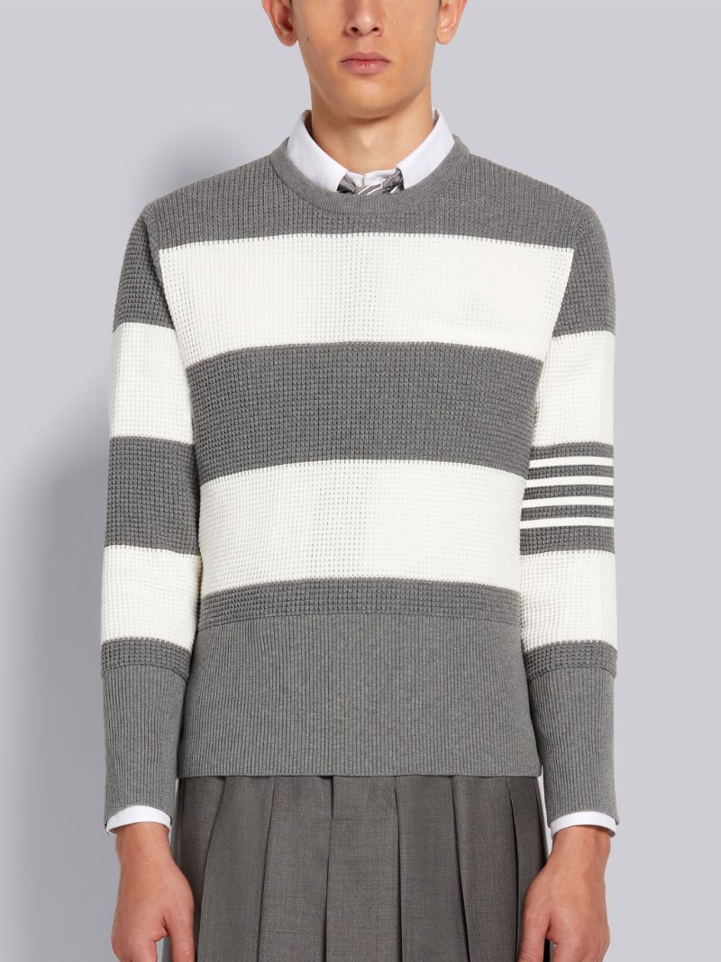 Light Grey Cotton Textured Rugby Stripe Classic Fit Crew Neck Pullover