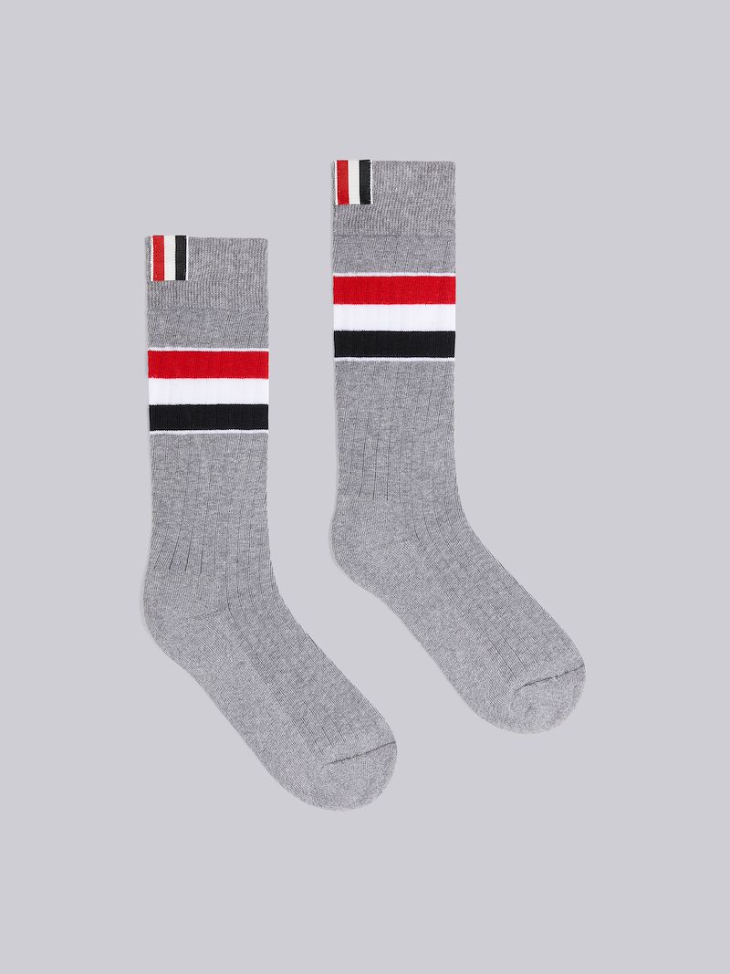 Light Grey Cotton Wide Stripe Athletic Mid Calf Socks