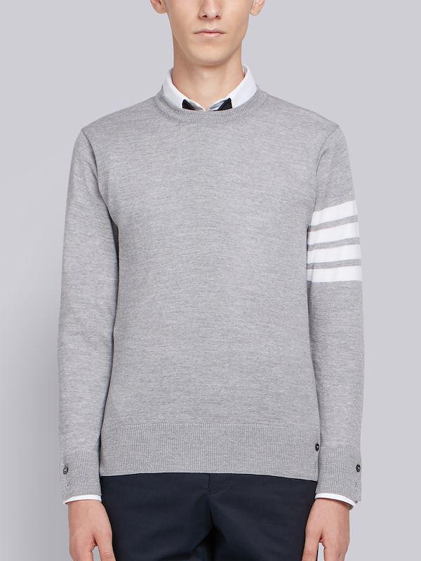Light Grey Fine Merino Wool 4-Bar Crew Neck Pullover