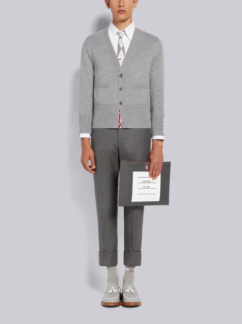 Light Grey Fine Merino Wool 4-Bar Cuff V-Neck Cardigan