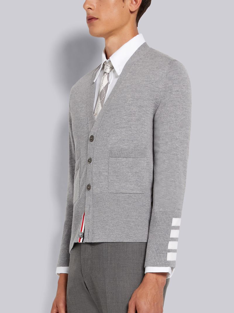 Light Grey Fine Merino Wool 4-Bar Cuff V-Neck Cardigan