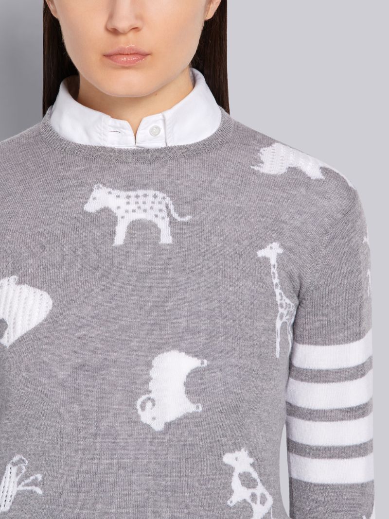 Light Grey Fine Merino Wool Animal Icon Crewneck 4-Bar Pullover