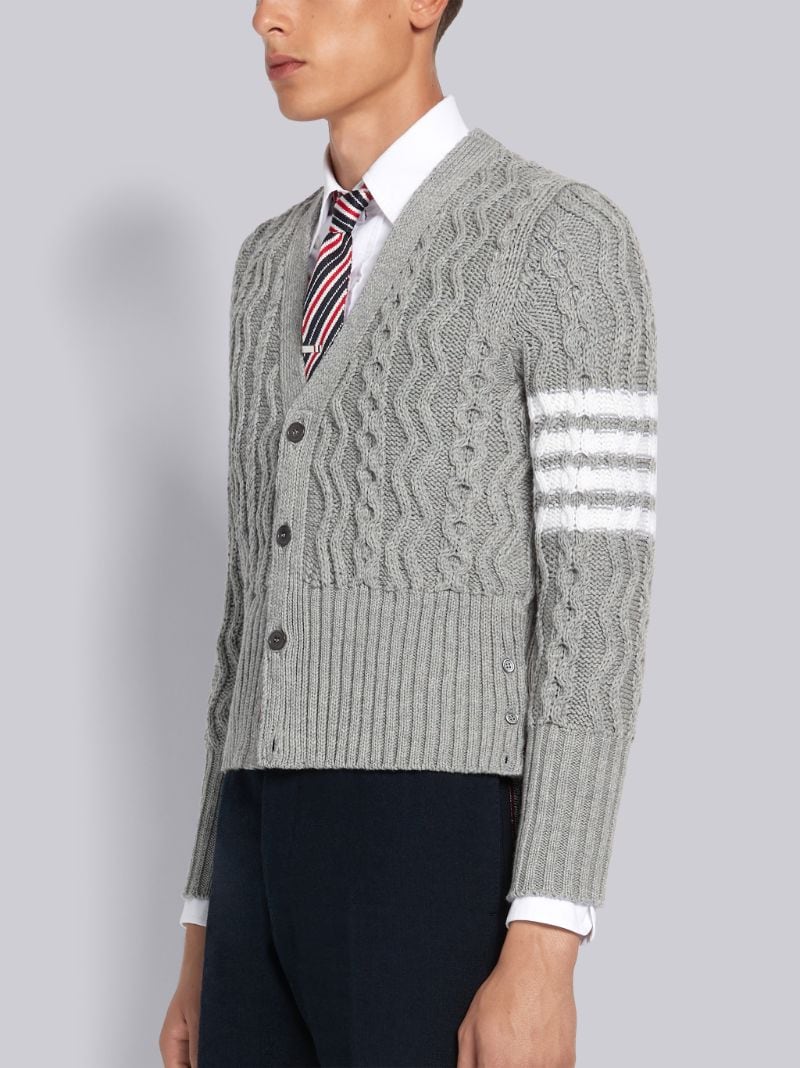 Light Grey Fine Merino Wool Aran Cable 4-Bar Classic V-neck Cardigan