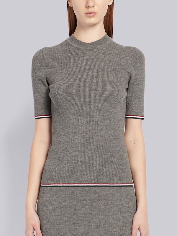 Light Grey Fine Merino Wool Tipping Stripe Rib Stitch Crew Neck T-shirt