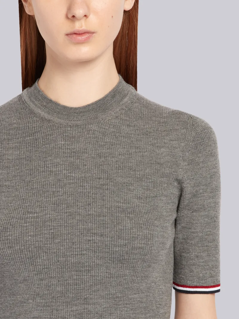 Light Grey Fine Merino Wool Tipping Stripe Rib Stitch Crew Neck T