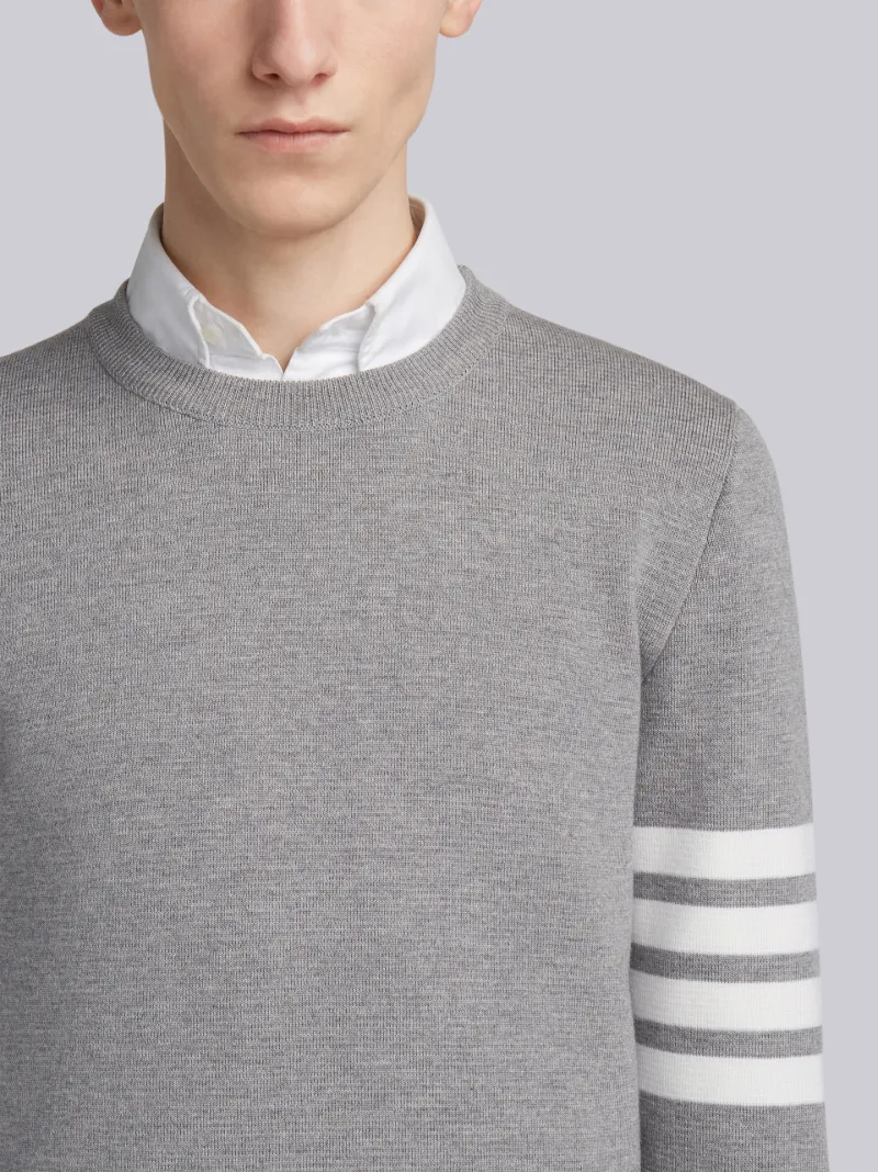 Light Grey Finemerino Wool 4-bar Crew Neck Pullover