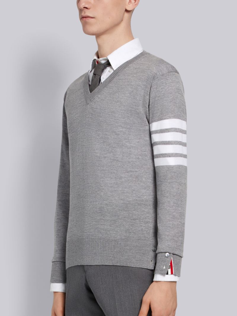 Light Grey Finemerino Wool 4-bar V-neck Pullover
