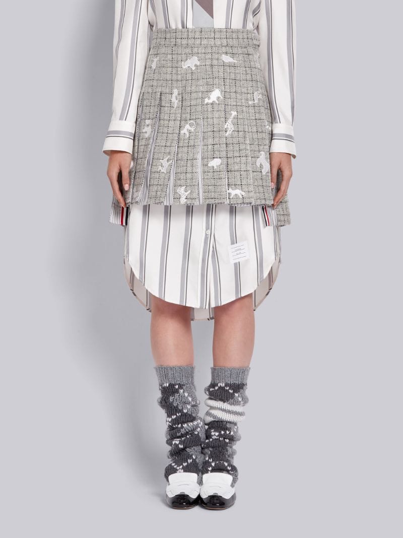 Light Grey Harris Wool Tweed Animal Icon Embroidered Classic Mini Pleated Skirt