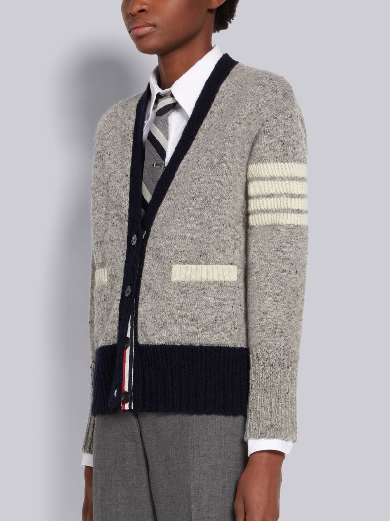Light Grey Jersey Stitch Mohair Tweed 4-Bar V-Neck Cardigan