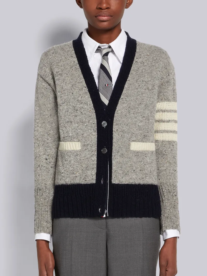 Light Grey Jersey Stitch Mohair Tweed 4-Bar V-Neck Cardigan