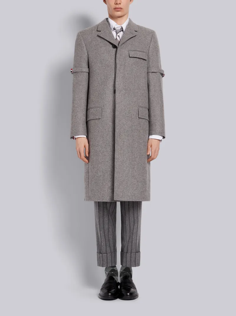 Light Grey Melton Wool Removable Grosgrain Armband Classic Chesterfield Overcoat