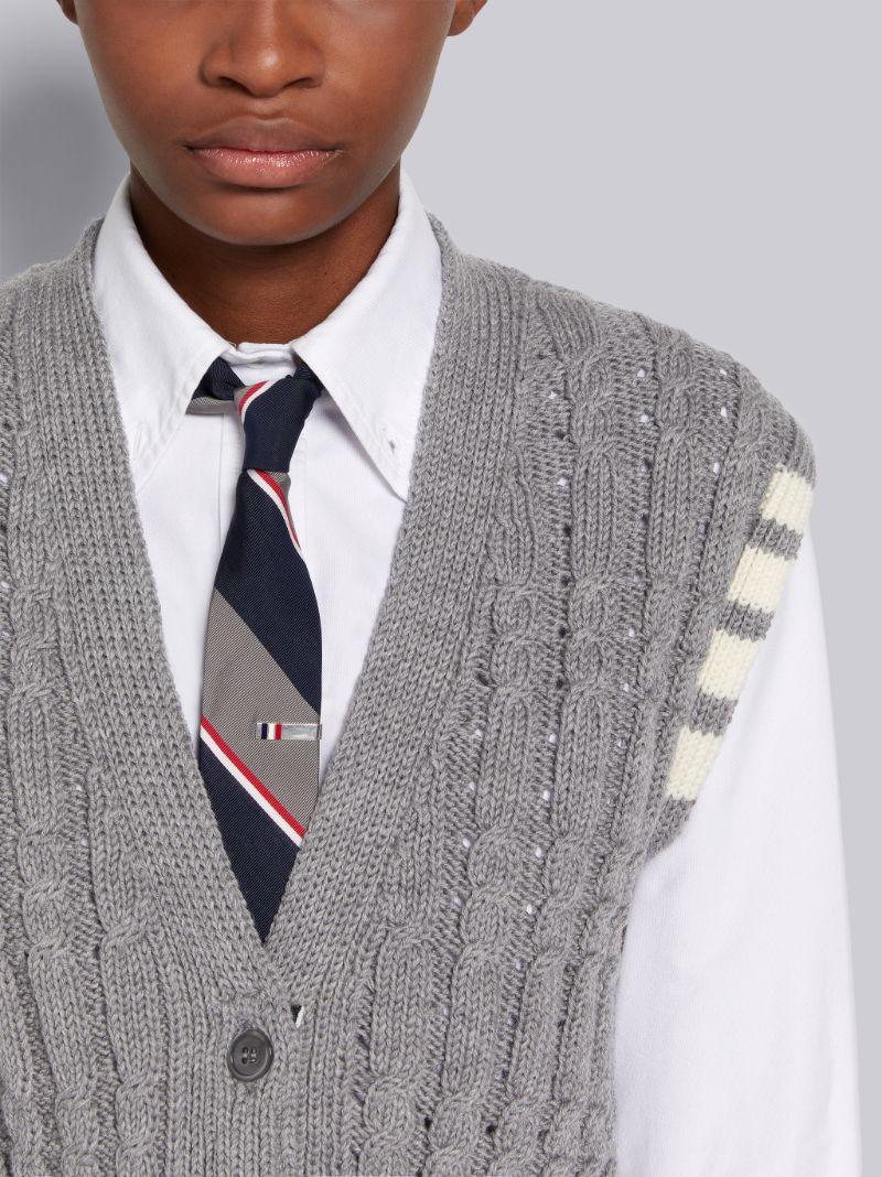 Light Grey Merino Wool 4-Bar Pointelle Cable Cardigan Vest