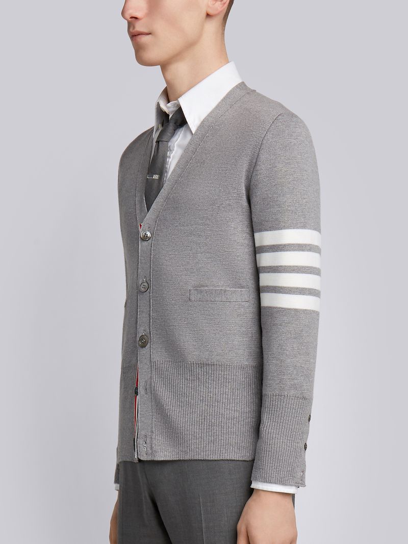 Light Grey Milano Stitch Fine Merino Wool 4-Bar V-Neck Cardigan