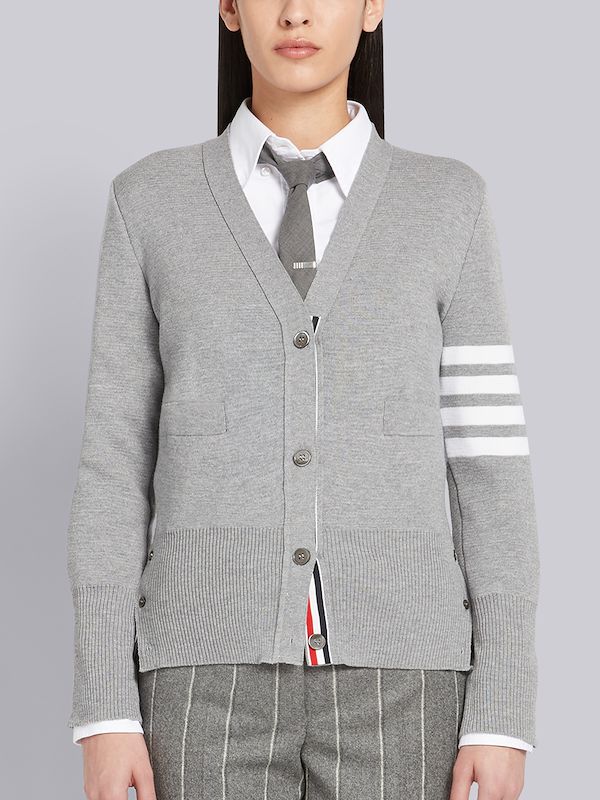 Light Grey Milano Stitch Fine Merino Wool 4-Bar V-Neck Cardigan