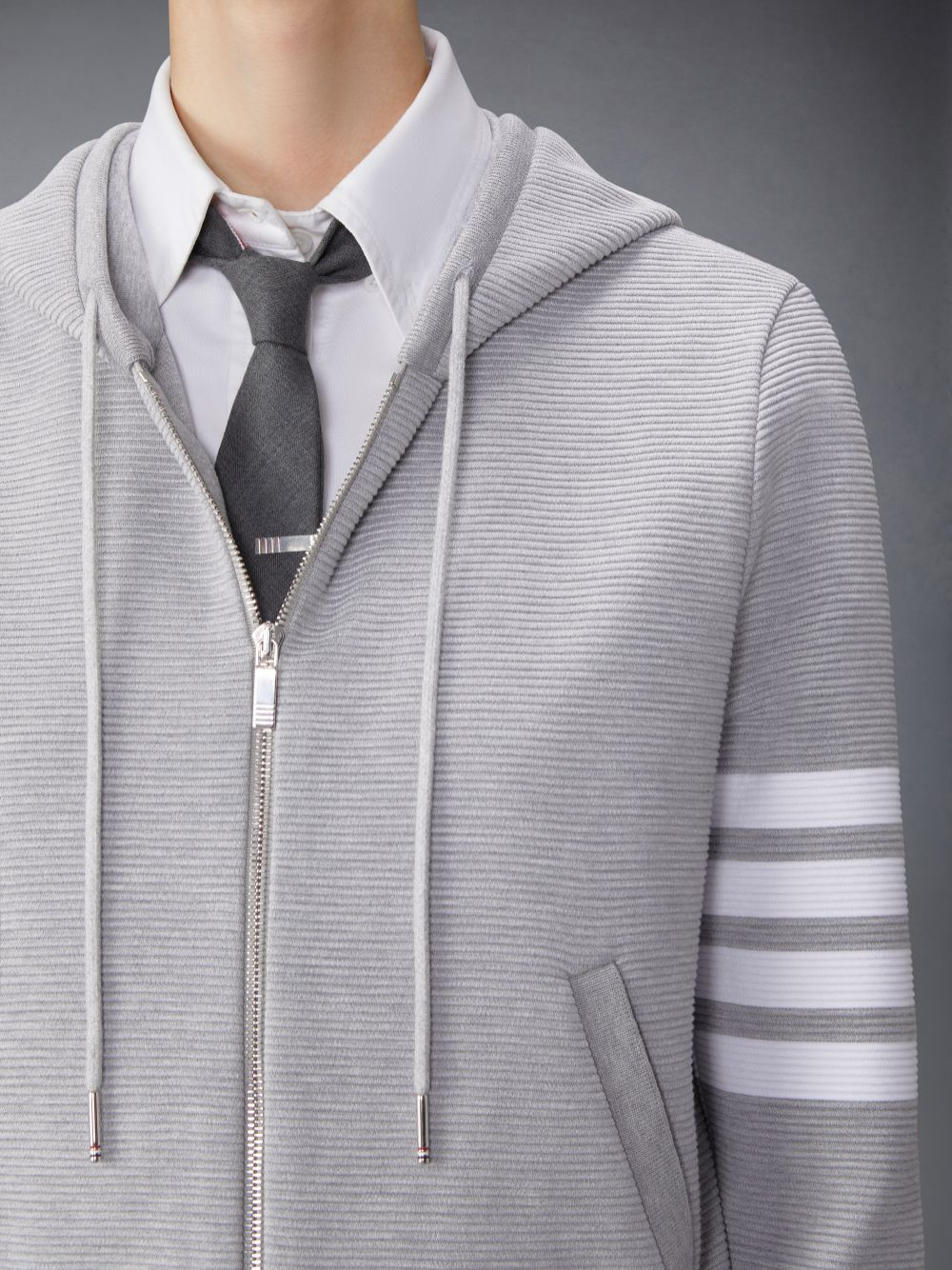 Light Grey Ottoman Rib 4-Bar Zip Hoodie