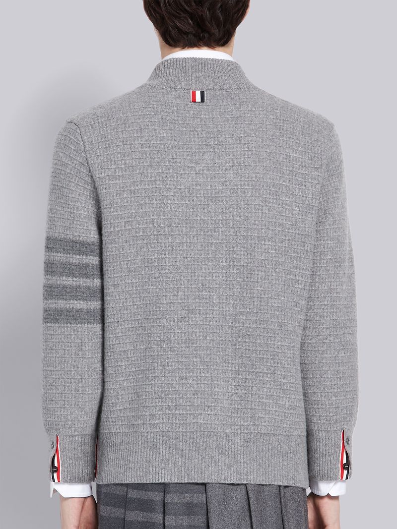 Light Grey Overwashed Wool Cashmere Cardigan Stitch Tonal 4-Bar Shawl Pullover