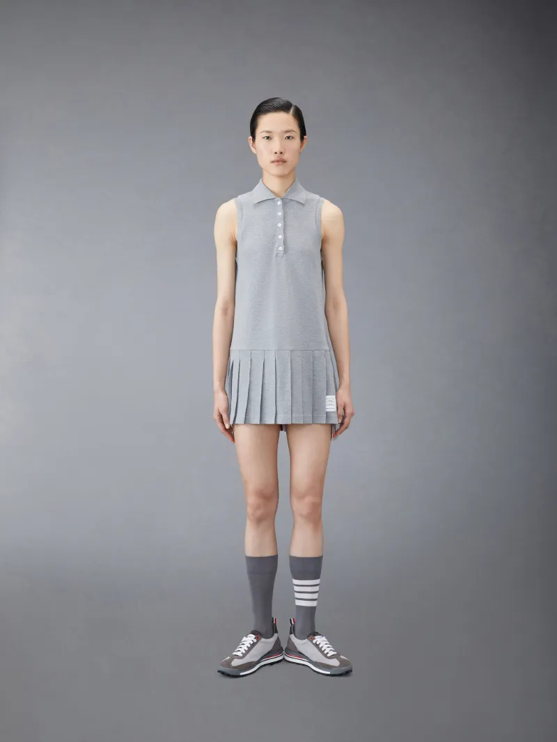 Light Grey Pique Center Back RWB Stripe Sleeveless Pleated Tennis Dress Light Grey Pique Center Back RWB Stripe Sleeveless Pleated Tennis Dress