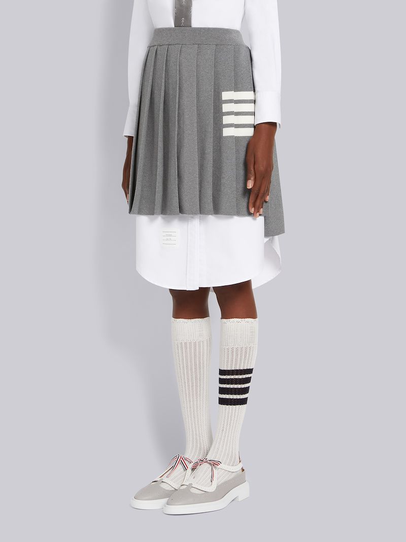 Light Grey Pique Stitch Cotton 4-Bar Dropped Back Pleated Mini Skirt
