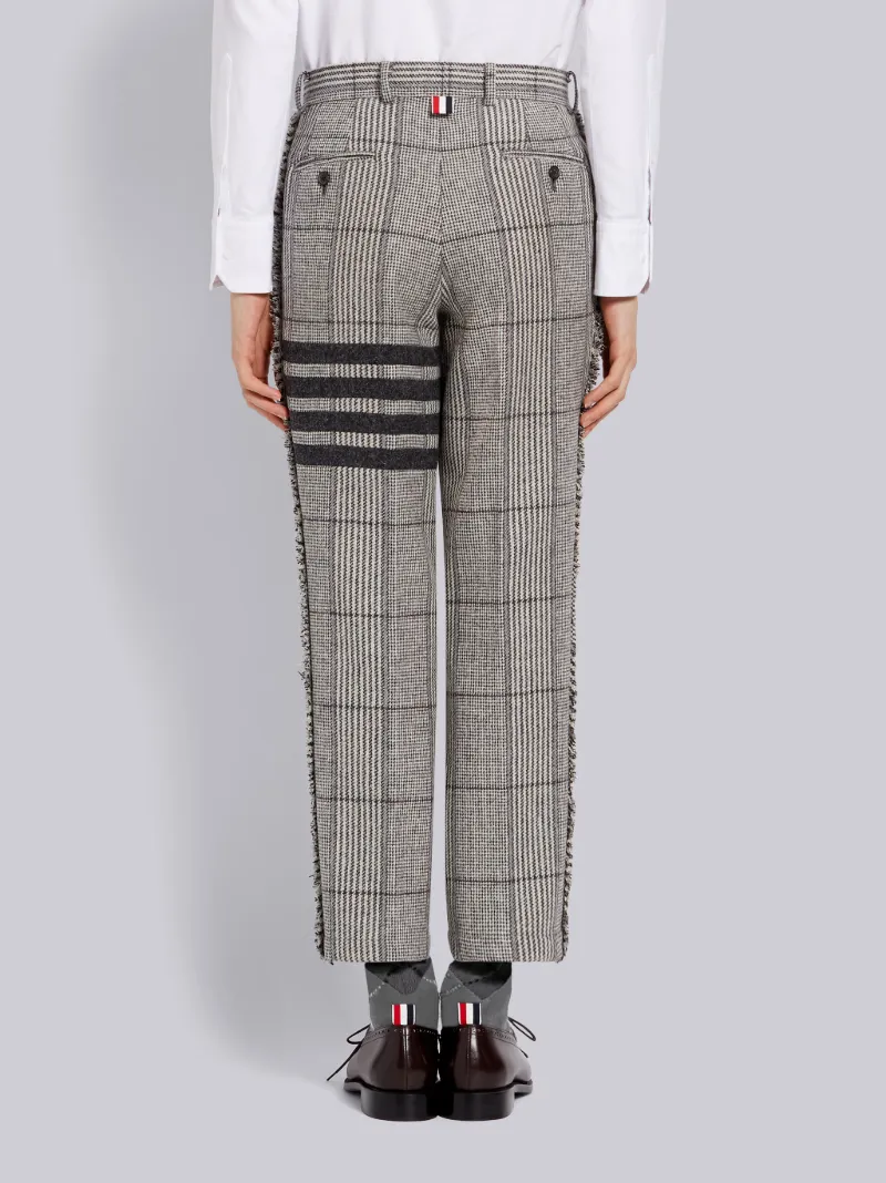 Light Grey Prince of Wales Oversize Check Wool Hunting Tweed Frayed  Unconstructed 4-bar Chino Trouser