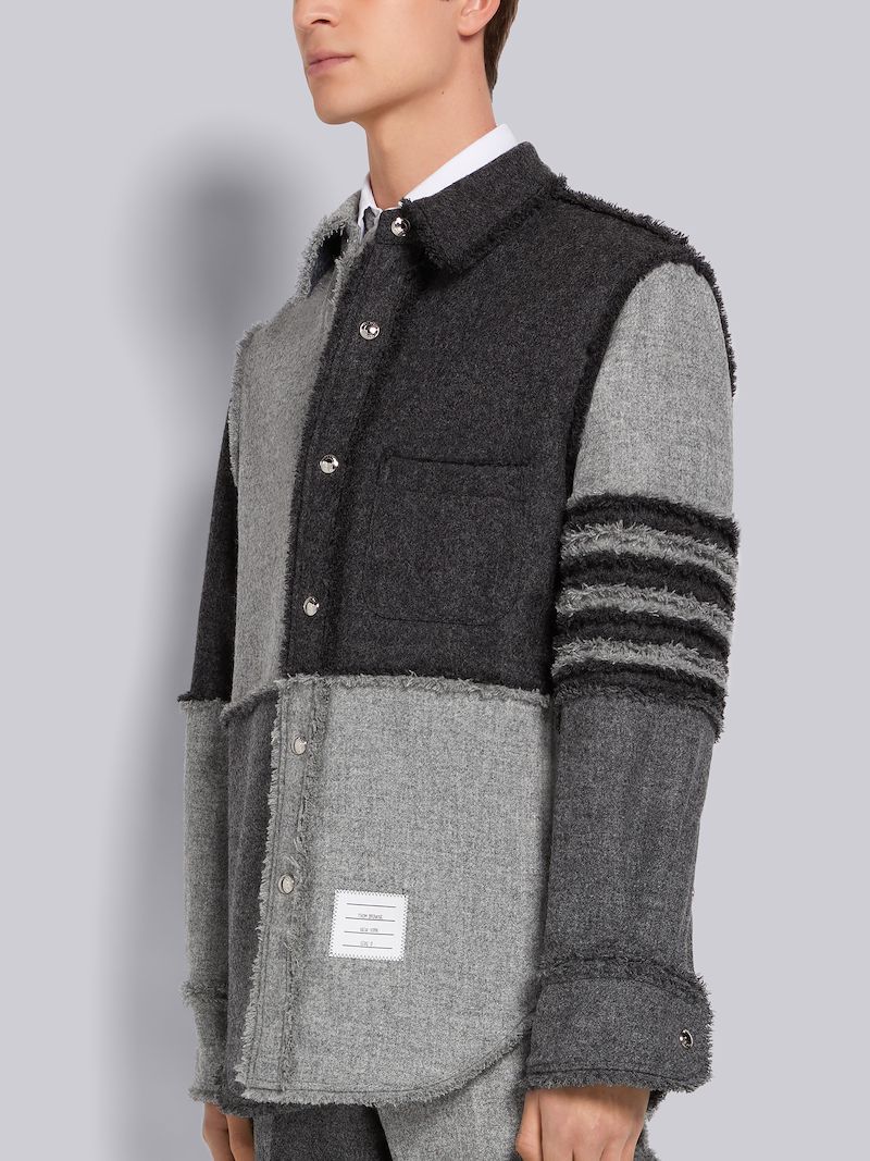 Light Grey Quarter Split Shetland 4-Bar Fray Edge Snap Button Shirt Jacket