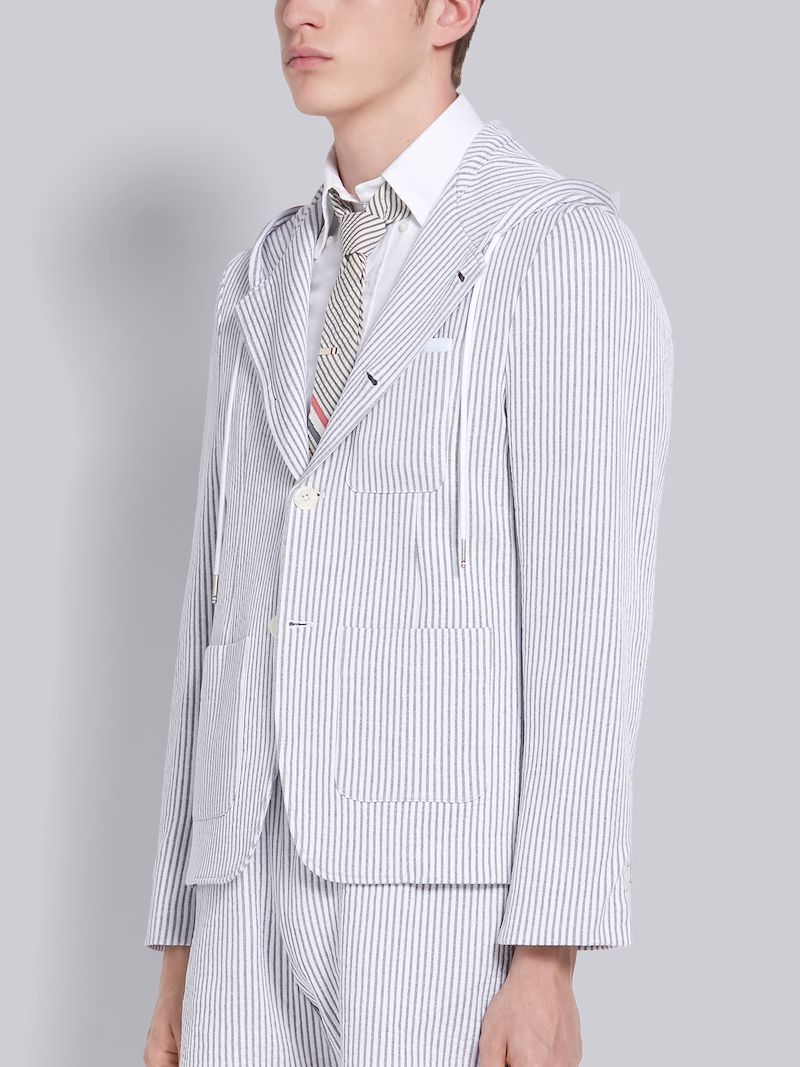 Light Grey Seersucker Stripe Hooded Sport Coat - Thom Browne Official