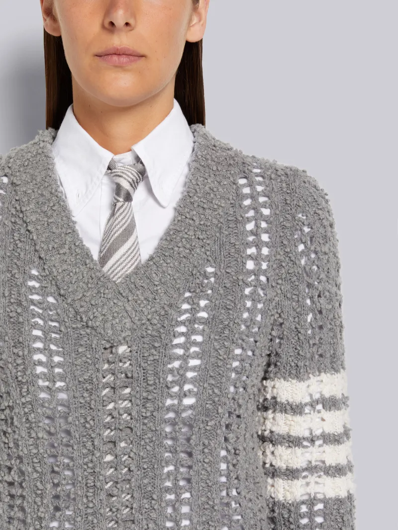 Light Grey Solid Open Rib Stitch Boucle 4-Bar V-Neck Pullover