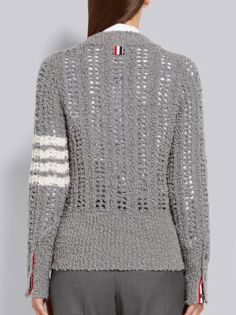 Light Grey Solid Open Rib Stitch Boucle 4-Bar V-Neck Pullover