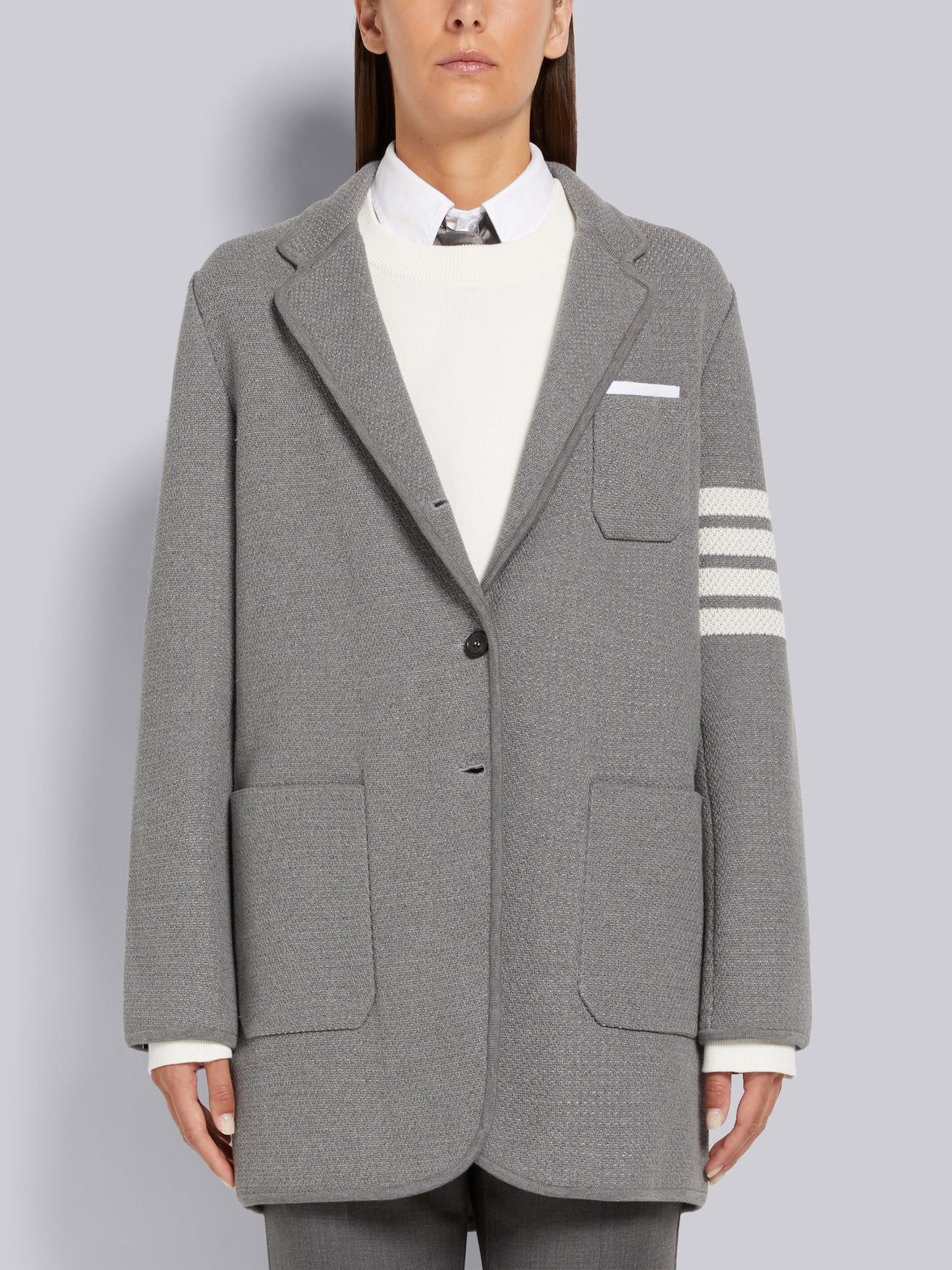 Light Grey Textured Jacquard 4-Bar Narrow Shoulder Sack Jacket | Thom  Browne Official