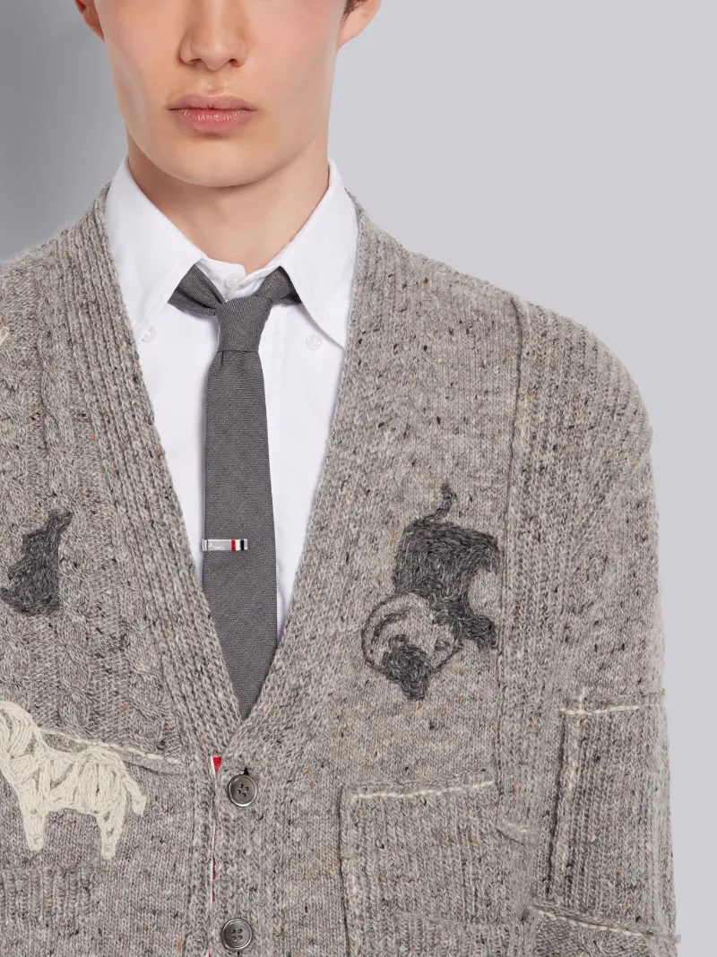 Light Grey Wool Mohair Tweed Hand Embellished Animal Icon V-Neck Cardigan