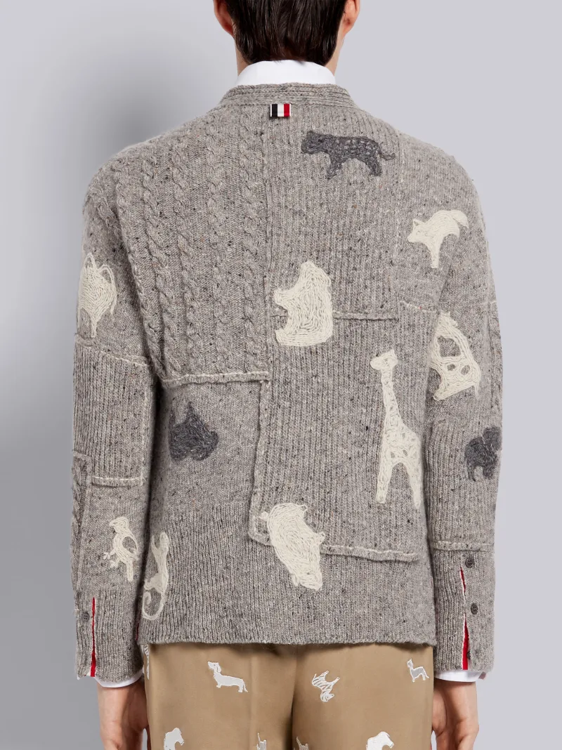 Light Grey Wool Mohair Tweed Hand Embellished Animal Icon V-Neck Cardigan